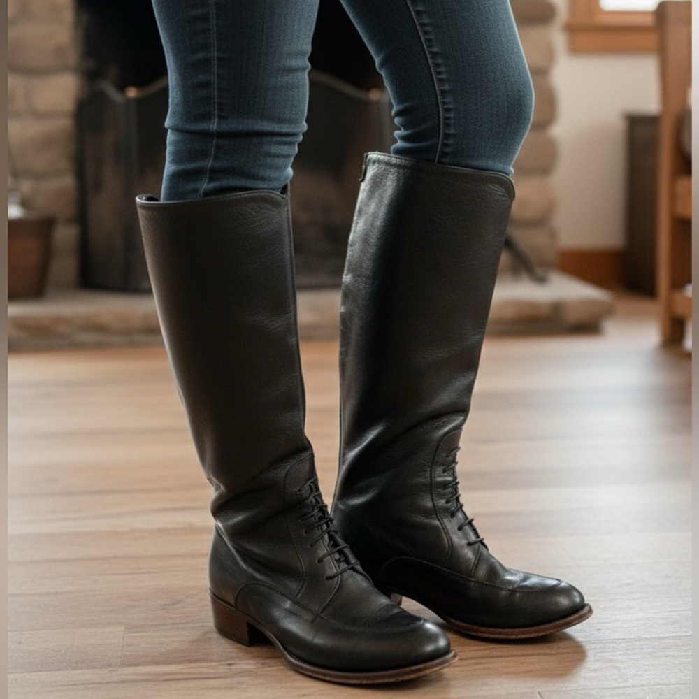 TONY MORA. Black Genuine Leather Upper & Sole Pull On Boot w/Lace Detail US Sz 9